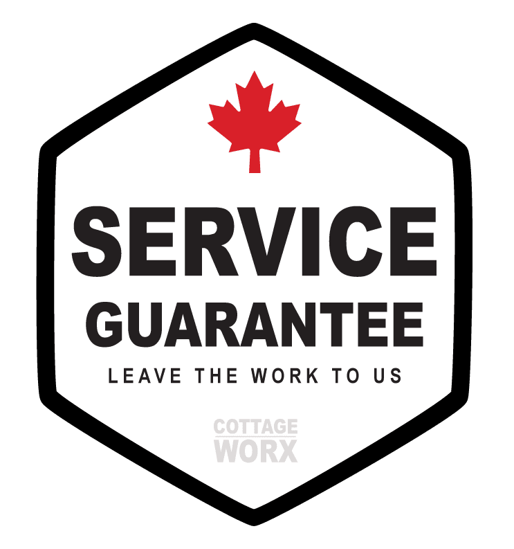 Ontario cottage maintenance Service Guarantee badge with Canada maple leaf, text Service Guarantee Leave the work to us, Cottage Worx logo